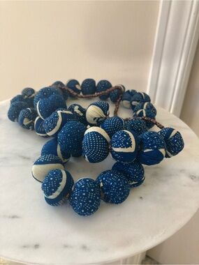 Indigo / White Fabric Beaded Long Necklace